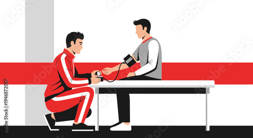 Doctor measuring blood pressure of a patient sitting on a table, medical checkup illustration