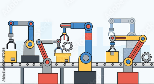 Automated assembly line with robotic arms and conveyor belt
