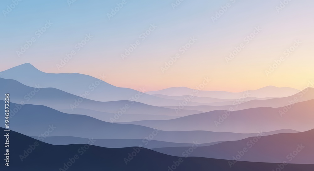 Fototapeta premium Misty Mountain Layers at Sunrise: Serene Blue and Orange Hues