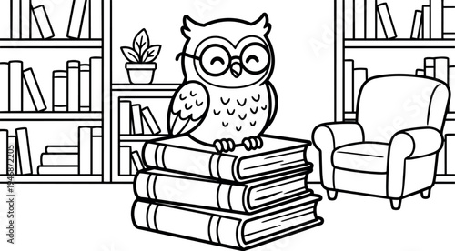 Smiling owl with glasses sitting on stack of books in cozy home library with bookshelf and armchair line art