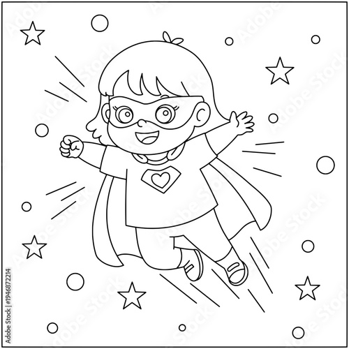 line art drawing of a cute little superwoman 