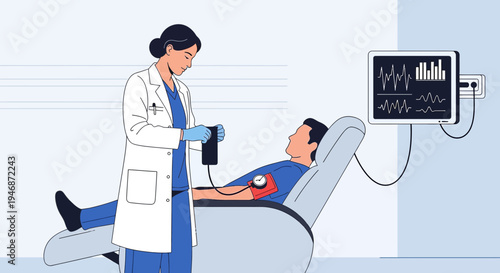 Doctor measuring patient's blood pressure with monitor displaying vital signs in clinic