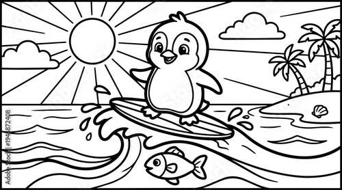 Cute cartoon penguin surfing on wave by tropical island with bright sun smiling and ocean fish swimming