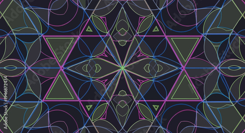 Abstract Geometric Pattern, Kaleidoscopic Triangles and Circles, Neon Lines