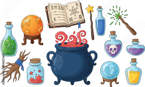 Magic Potion and Wizard Alchemy Cartoon Set with Cauldron Spell Book Crystal Ball Wand and Mystic Bottles Vector Illustration