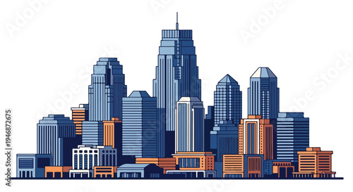 A stylized illustration of a city skyline with various skyscrapers and buildings in shades of blue and orange against a white background.