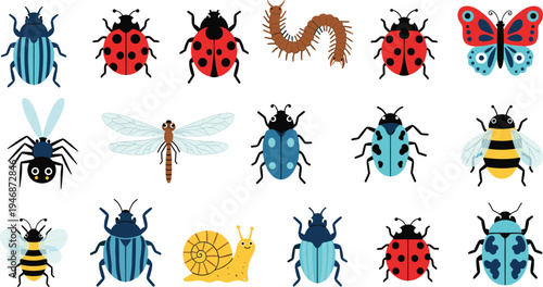 Cartoon Insect and Bug Set with Ladybug Butterfly Bee Beetle Dragonfly Spider and Snail Nature Vector Illustration Collection