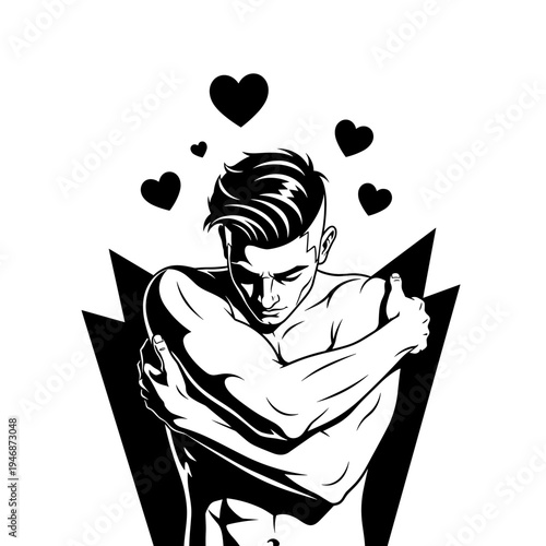 Self-Love Embrace: Muscular Man Hugging Himself Against Geometric Background, Conceptual Art for Healthy Relationships, Isolated Vector Illustration for Psychology & Wellness