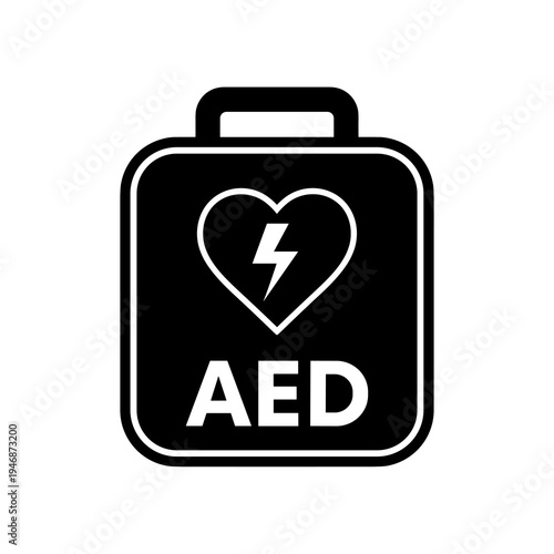 Automated External Defibrillator Sign, First Aid Symbol for Emergency Medical Assistance & Sudden Cardiac Arrest. Healthcare in Modern Hospital. Life Saving Technology Alert, Safety Protocol, and Heal