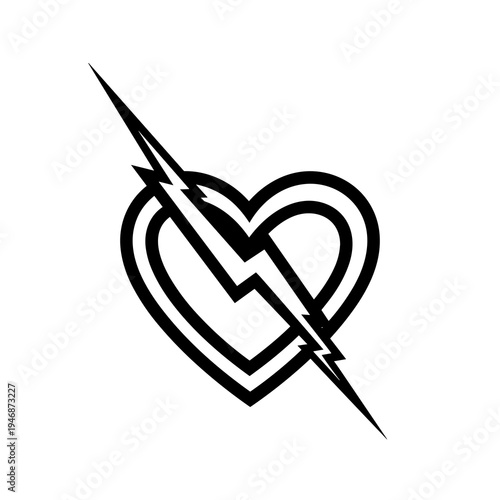 Heartbreak Vector Design: Broken Heart with Lightning Bolt Graphic for Tattoo Art and Logo Symbolism Illustrating Pain and Passion, a Black and White Romantic Graphic for Valentine's Day Romance and R