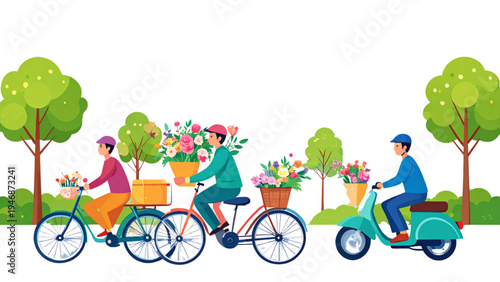 City Flower Delivery Service Vector Illustration Collection with Couriers Transporting Bouquets by Bicycle, Scooter and Moped