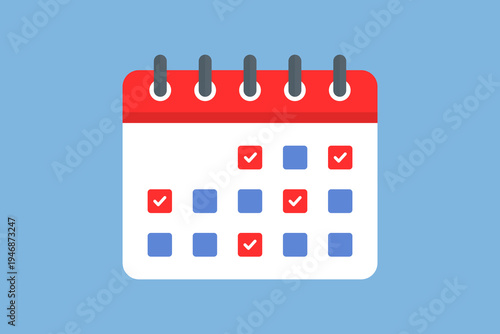 Stylized calendar icon with checkmark. Graphic, flat style on White Background. Vector Illustration