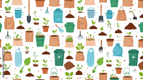 Gardening Seamless Pattern with Seedlings, Compost Bin, Biodegradable Waste and Soil Fertilizing Tools, Eco Friendly Vector Background