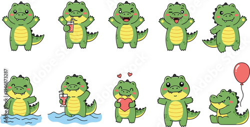Cute Cartoon Crocodile Character Set with Different Poses Holding Heart Balloon Drink and Swimming Adorable Alligator Vector Illustration Collection