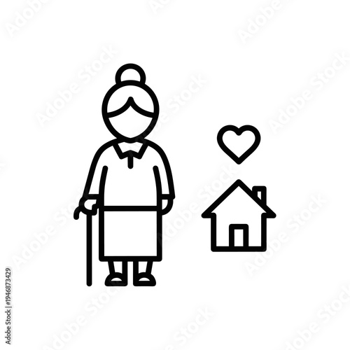 Elderly Woman with Cane Living at Home: Symbol of Senior Care, Line Art Icon Representing Aging in Place, Retirement Community, Assisted Living, and Home Healthcare Services, Highlighting Love, Suppor