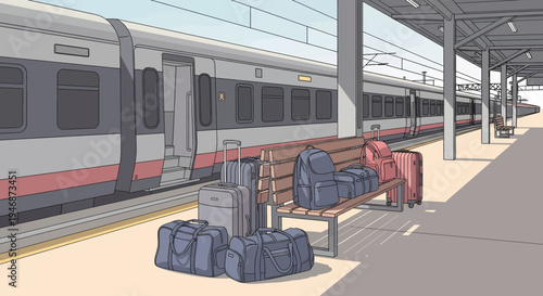 Train Station Platform with Luggage and Waiting Train