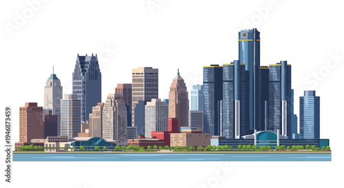 Illustration of a city skyline with tall buildings and skyscrapers along a waterfront, featuring a mix of architectural styles and colors.