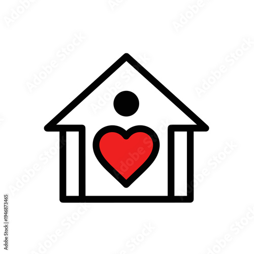 Symbolic Heart in House Icon Promotes Charity and Shelter in Place Initiatives - Depicts Family Wellbeing, Foster Care, Accommodation, Safe Housing, Giving Back and Building a Community.  A Symbol of