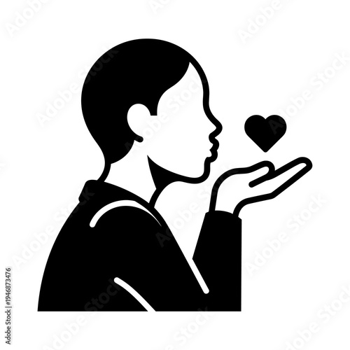 Silhouette Person Blowing Kiss Sending Love in Minimalist Design on White Background expressing affection, romance, holiday celebration, family unity, for greeting cards, invitations, digital art, dat