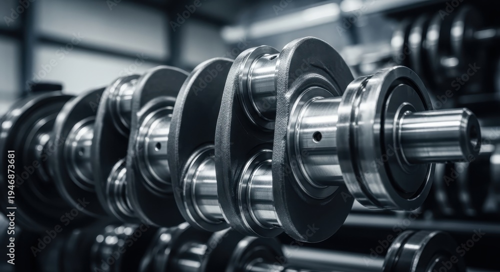 Fototapeta premium Close-up of polished steel crankshaft in industrial setting, precision engineering, automotive engine part, mechanical components, workshop background