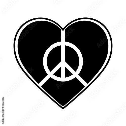 Heart Peace Symbol Black and White Icon for Love, Serenity, and Harmony Campaign: Graphic Design Element, Peace Symbol Inside Heart for Social Causes, Protest Sign, Anti-War, Pacifist Movement, Equali