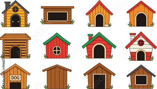 Cute Cartoon Dog House Set with Wooden Kennels Pet Shelter Cabins and Colorful Puppy Homes Collection Vector Illustration
