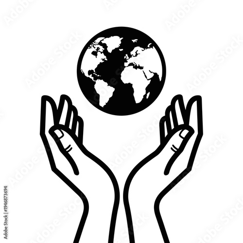 Hands Holding Up the Earth with Care: Depicting Environmental Stewardship, Global Sustainability, and Corporate Responsibility in a Clean, Minimalist Style Illustration for Social Advocacy, Ecological