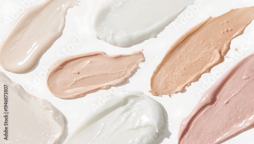 A collection of various cosmetic cream smears in different tones and textures.