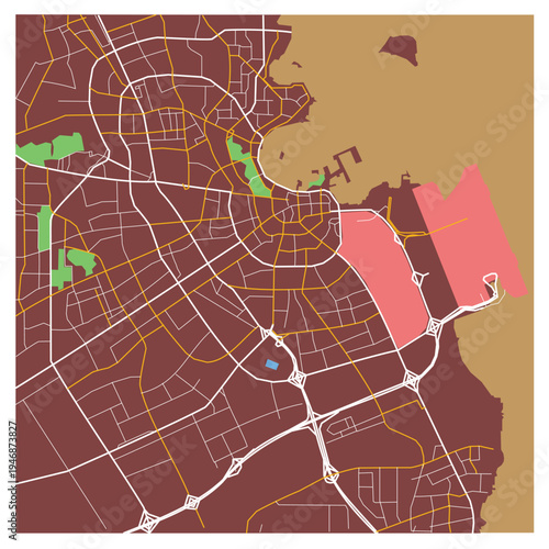 Stylized vector map of Doha city Qatar showing urban districts, major road networks, waterways, and surrounding landscape in a modern abstract cartographic design.