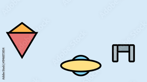 A whimsical composition of a kite, a UFO, and a stylized bridge