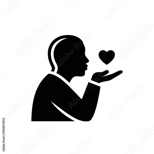 Person Silhouette Blowing a Kiss with Heart Floating in Hand - Love Gesture, Giving Affection, Isolated on White Background - Vector Illustration for Relationships, Romance, Valentines, Appreciation,