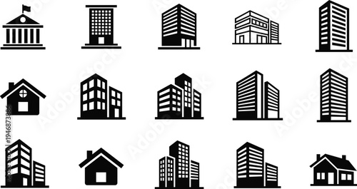 Black and White Architecture Icon Set Featuring Modern Office Buildings Skyscrapers Residential Houses and 