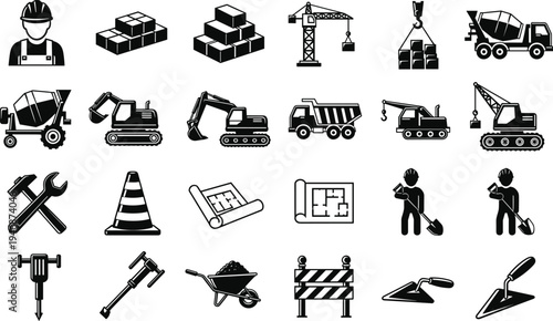 Black and White Construction Icon Set Featuring Heavy Machinery Workers Tools Excavators Cranes Concrete Mixers Blueprints 