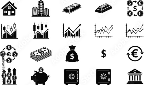 Financial and economic icon collection featuring bank, gold bars, charts, currency, money bag, piggy bank, safe, and dollar sign, perfect for investment, business, and education projects.