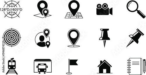 Black and White Location and Navigation Icon Set Featuring Map Pins GPS Globe Search Magnifying Glass Push Pins Target Bus Train and Notepad Symbols Vector Graphics