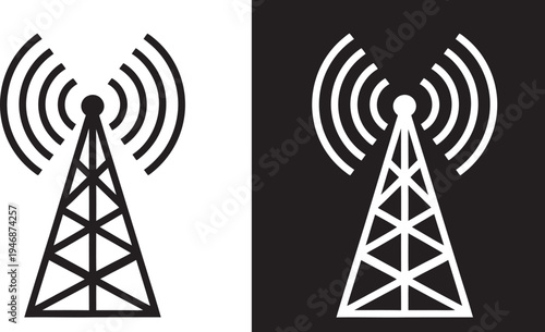 signal transmission tower vector silhouette. Wireless Broadcast Antenna with Signal Waves in Outline and Solid Vector icon line act 