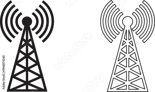 signal transmission tower vector silhouette. Wireless Broadcast Antenna with Signal Waves in Outline and Solid Vector icon line act 