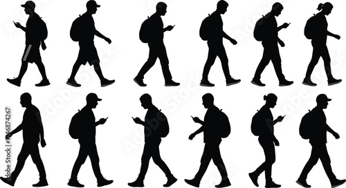 Collection of walking people with backpacks using smartphones silhouettes, modern urban lifestyle pedestrians isolated on light background for technology, travel and communication concept