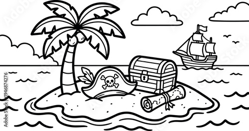 Black and white vector art of pirate treasure chest with skull hat and map on small island under palm tree and pirate ship on horizon