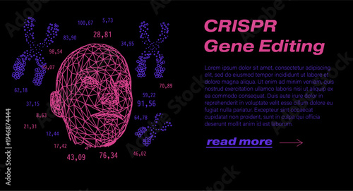 Pink wireframe human head with blue chromosome dots and floating numbers on black. Conceptual vector illustration for CRISPR gene editing and genetic engineering.