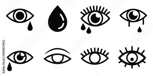 Crying eye vector set, showcasing multiple stylized eye illustrations with tears, perfect for emotional, artistic, and expressive design concepts.