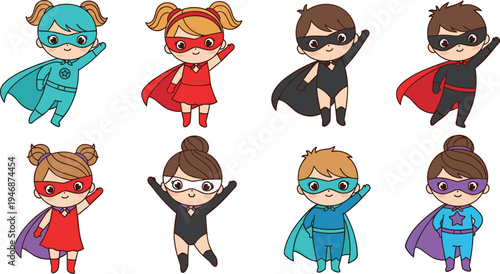 Cute Kids Superhero Cartoon Character Set with Boys and Girls in Masks Capes and Costumes Flying Action Pose Vector Illustration