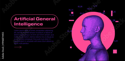Low-poly purple human head profile with pink accents and cyan data bars. Conceptual vector illustration for artificial general intelligence and advanced AI.