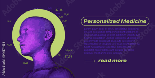 Modern low-poly vector illustration of a faceted human head in profile view, rendered in vibrant purple facets with a glowing lime green circular halo, surrounded by floating numerical data points.