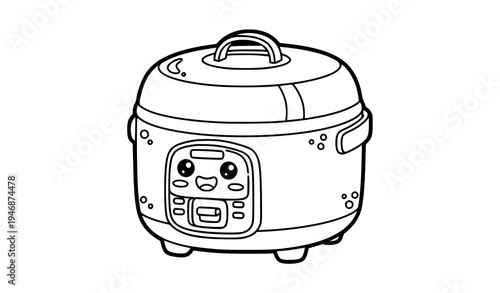 Cute rice cooker cartoon coloring page black and white kitchen appliance vector