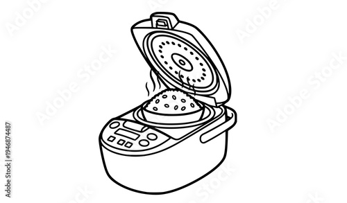 Open rice cooker with rice black and white coloring page vector kitchen appliance