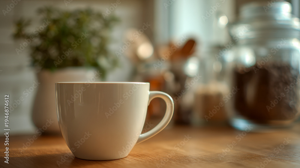 Fototapeta premium White ceramic cup sitting on wooden table with blurred jars and green plant in warm cozy kitchen setting for morning beverage enjoyment