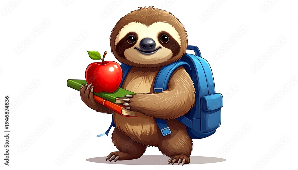 Fototapeta premium A cartoon sloth, wearing a blue backpack, holding books and a red apple, ready for school. The sloth is smiling