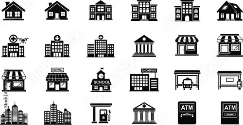Black and White Urban Infrastructure Icon Set Featuring Residential Houses Hospitals Schools Shopping Malls Banks Gas Stations and Public Transport Symbols in Minimalist Vector Silhouette  