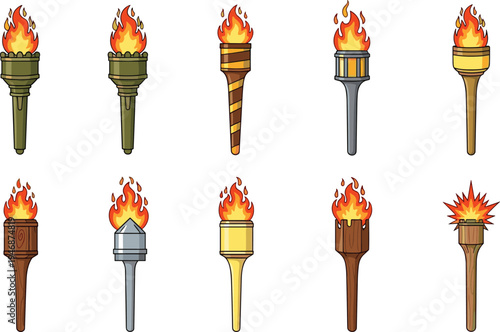 Burning Torch Cartoon Set with Fire Flames Ancient Wooden and Metal Torches Light Source Collection Vector Illustration